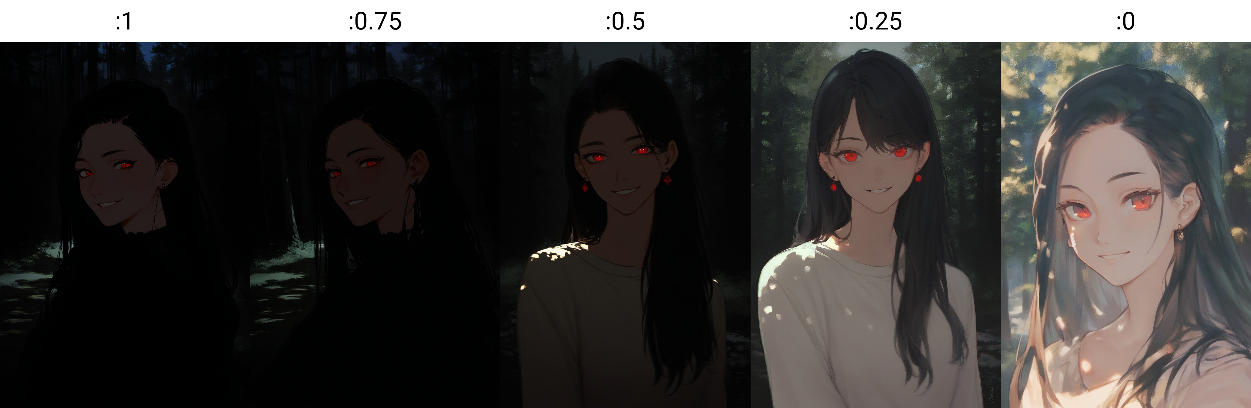 score_8_up, woman, night, dark, smile, stud earrings, long hair, black hair, red eyes, looking at viewer, seductive smile, light blush, outdoors, forest, shade, upper body, 
<lora:DarkerThanDarkV1:1>