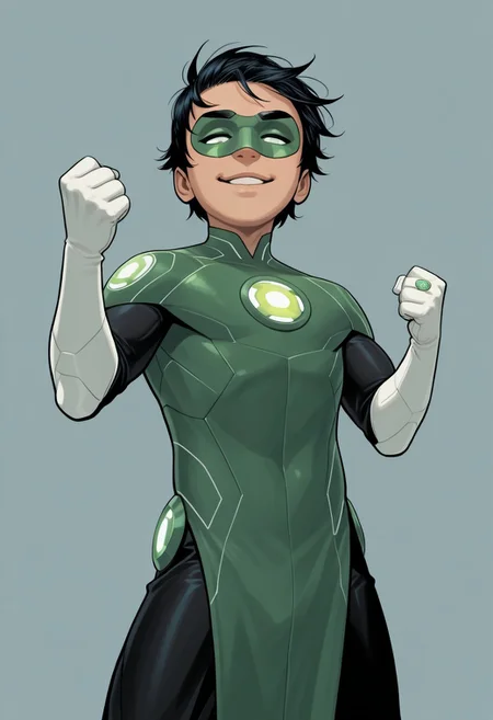 masterpiece, absurdres, high quality, perfect anatomy, 1boy, solo, cute boy, male focus, TaiPham, Black Hair, Green Lantern Ring, Green Lantern Costume, Green and Black body armor, Green Domino Mask, White Eyes, White Gloves, Pelvic Curtain, shortstack, upper body, mecha musume, dynamic, dynamic angle, ((solo)), mecha armor, looking at viewer, smug face, parted lips, dynamic pose, fighting stance, cinematic, intricately detailed illustration, depth of field, masterpiece, best quality, amazing quality, very aesthetic, absurdres, newest, very awa,  shadow, dynamic angle, casual cosplay, simple background,