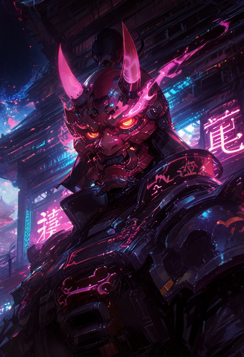 masterpiece, best quality, volumetric lighting, neon colors, dark background, 1man, closeup, a samurai with an oni mask, cyber tron neon samurai armor, flaming eye, standing in front of a cyberpunk pagoda temple, staring at viewer, (low camera angle:1.27)