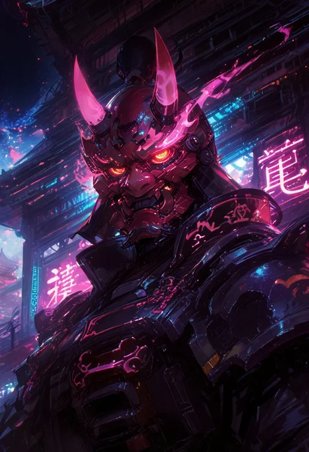 masterpiece, best quality, volumetric lighting, neon colors, dark background, 1man, closeup, a samurai with an oni mask, cyber tron neon samurai armor, flaming eye, standing in front of a cyberpunk pagoda temple, staring at viewer, (low camera angle:1.27)