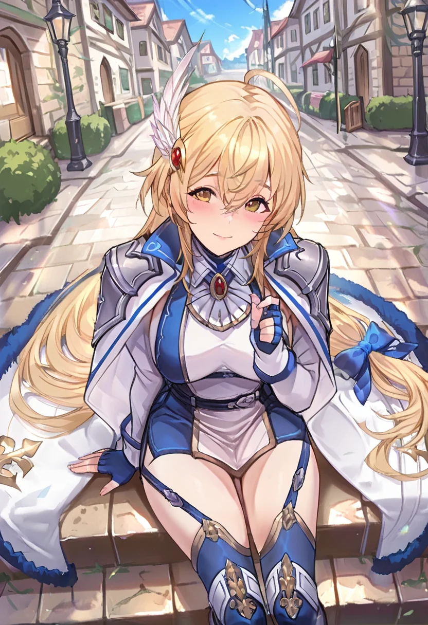 masterpiece,best quality,absurdres,perfect lighting,fantasy,town,road,street,brick wall,bush,lamppost,blue sky,day,sunlight,dappled sunlight,
*//*,<lora:Rizette_LL-Illustrious:1>,rizette_ll,1girl,solo,blonde hair,long hair,(low-tied long hair:0.9),ahoge,yellow eyes,hair bow,blue bow,dress,armor,shoulder armor,fur trim,fingerless gloves,thighhighs,garter straps,boots,cape,hair ornament,
*//*,cowboy shot,light smile,sitting,
