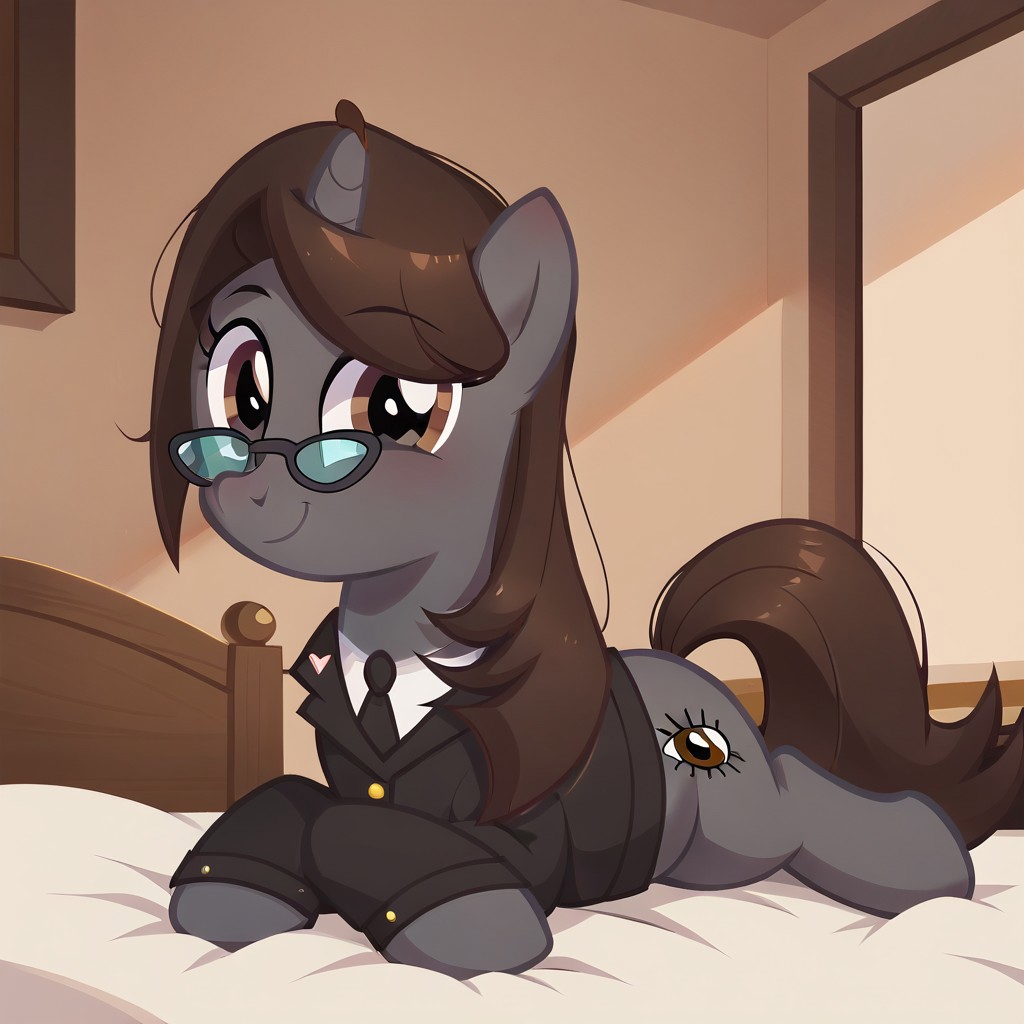 masterpiece, perfect detail, best high quality, source_pony, show accurate, cute, 1girl, solo, female, oc:sonata, glasses, attorney suit, badge on collar, pony, full body, butt, tail, laying on stomach, laying on bed, bed, bedroom, smile, closed mouth, beautiful, looking at viewer, score_9, score_8_up, score_7_up, score_6_up, score_5_up, score_4_up