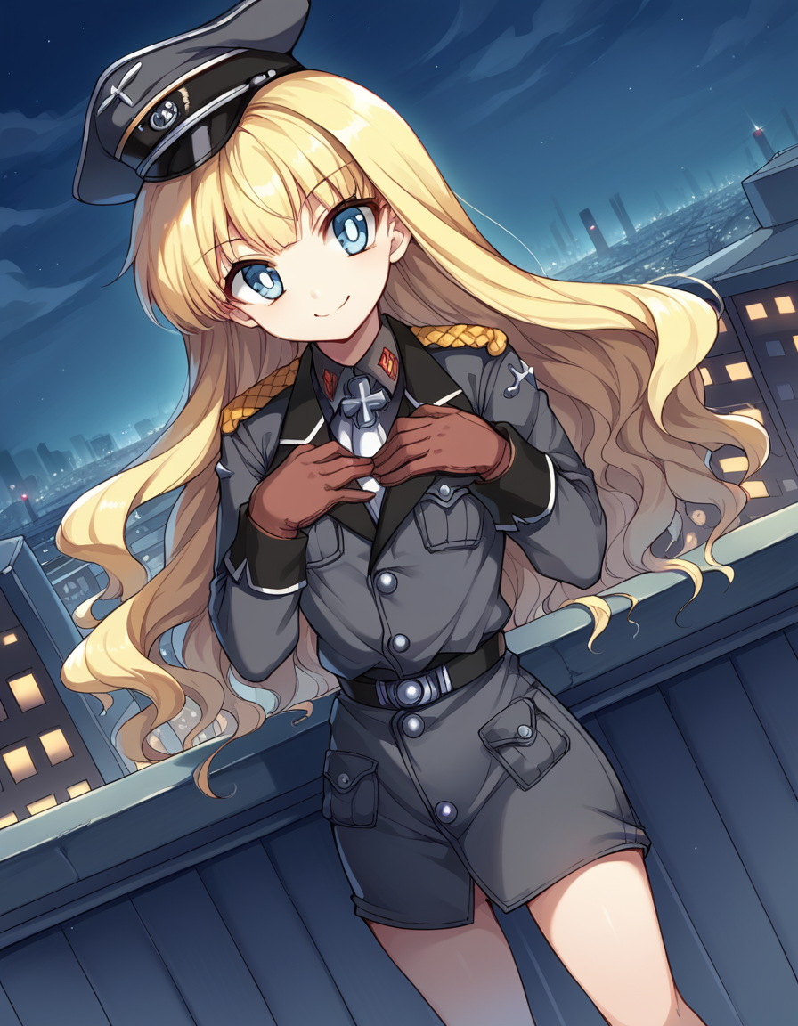 score_9, score_8_up, score_7_up, source_anime, <lora:retia-adolf-ponyxl-lora-nochekaiser:1>, retia adolf, blue eyes, blonde hair, wavy hair, bangs,, gloves, hat, military uniform, peaked cap, zettai ryouiki,, city skyline, rooftop view, night time, city lights, quiet reflection, , , hands on own chest, smile, solo,, cowboy shot, dutch angle