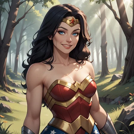 score_9, score_8, BREAK, 1woman,black hair,long hair,blue eyes,wonder woman, sexy pose, self portrait, smile, outdoors, sunlight, shadows, evening lighting, natural lighting, forest, trees, grass, orange sky, sunset
