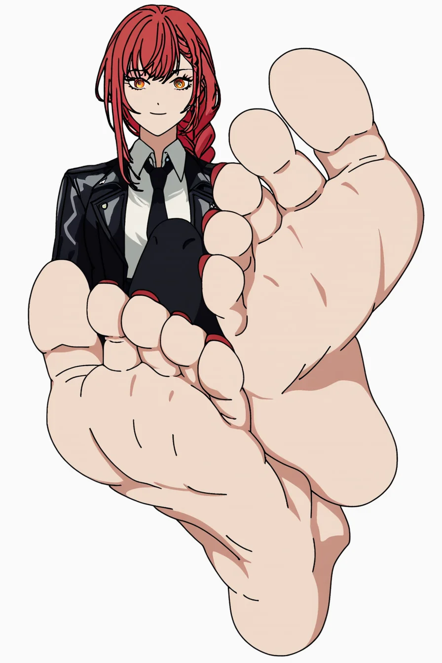 score_9, score_8_up, <lora:mak1ma0XL_Pony_v1:0.8> , mak1ma0, red hair, braid, long hair, ringed eyes, white collared shirt,black necktie, black pants, blackjacket, 1girl, solo, alone, <lora:dantegemini_style_pony:0.8>, dantegemini_style, foot focus, barefoot, red toenails, feet, toes, white background, masterpiece, highres
