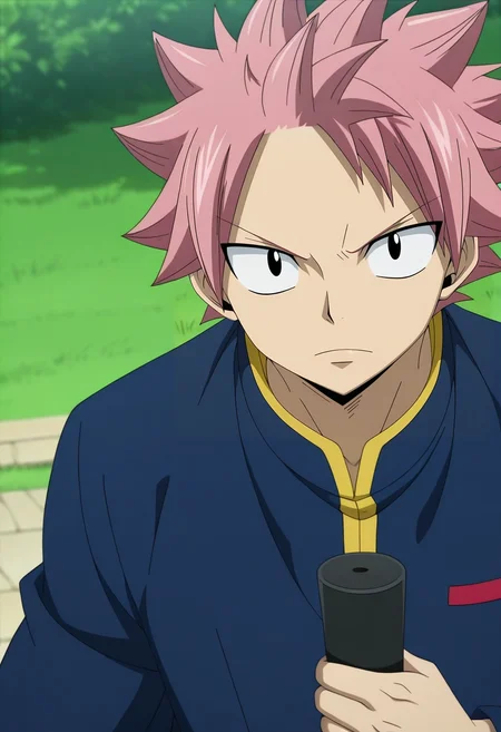 masterpiece, best quality, , anime screencap, anime coloring, official style, , 1boy, solo, male focus, <lora:natsu_dragneel_ilxl:0.9>, natsu_dragneel, pink hair, black eyes, spiked hair, , , graduation costume