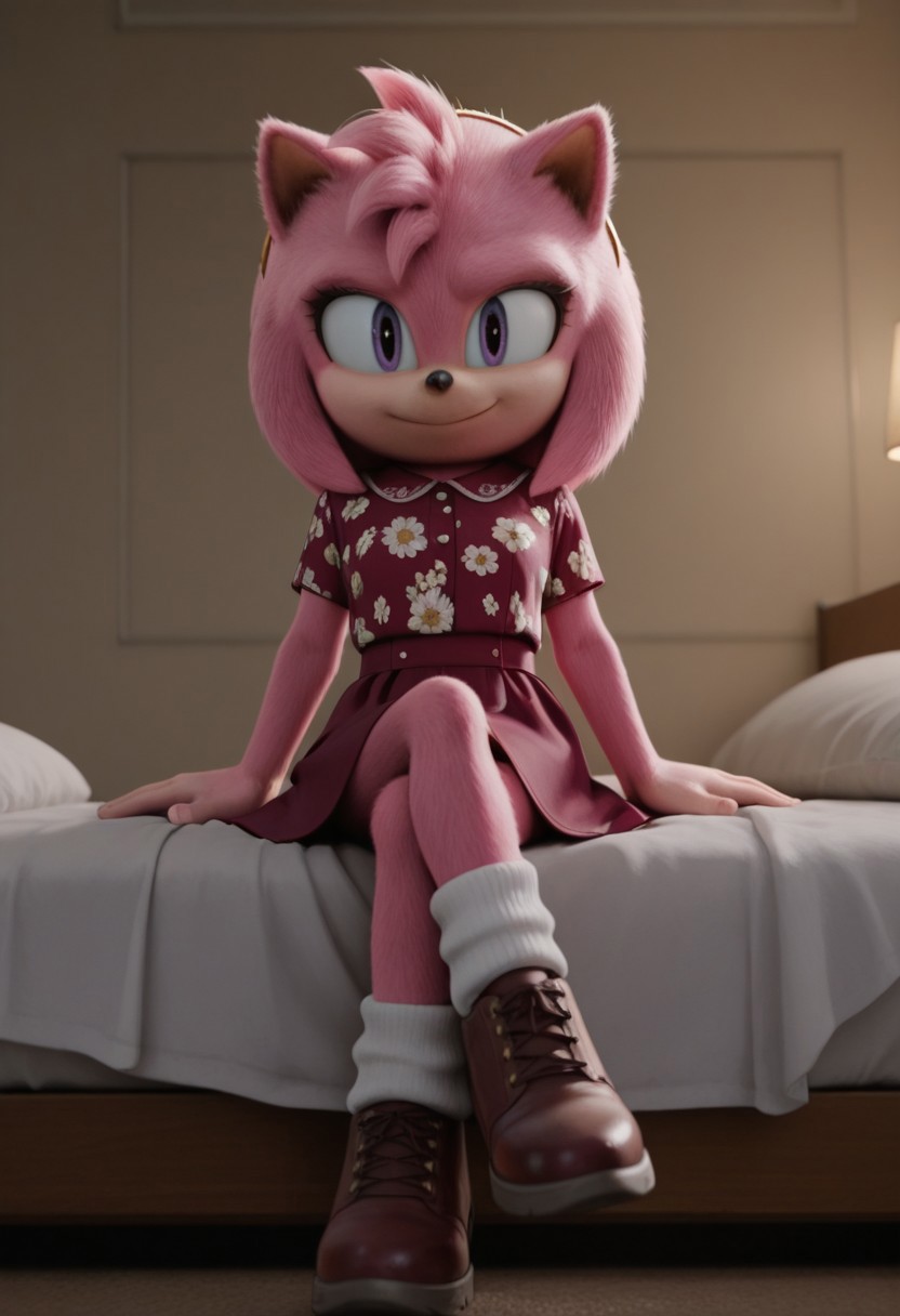 1girl, solo, no humans,
<lora:Movie-Amy_v4-30:1> movieamy, pink fur, purple eyes, hedgehog ears, hedgehog tail, mori girl, floral blouse, jumper skirt, ankle socks, leather shoes, hair clip, bedroom, sitting on bed, smile, looking at viewer, crossing legs, fur realistic, fur fluffy
