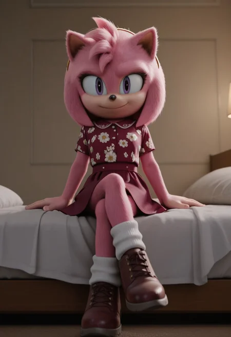 1girl, solo, no humans,
<lora:Movie-Amy_v4-30:1> movieamy, pink fur, purple eyes, hedgehog ears, hedgehog tail, mori girl, floral blouse, jumper skirt, ankle socks, leather shoes, hair clip, bedroom, sitting on bed, smile, looking at viewer, crossing legs, fur realistic, fur fluffy