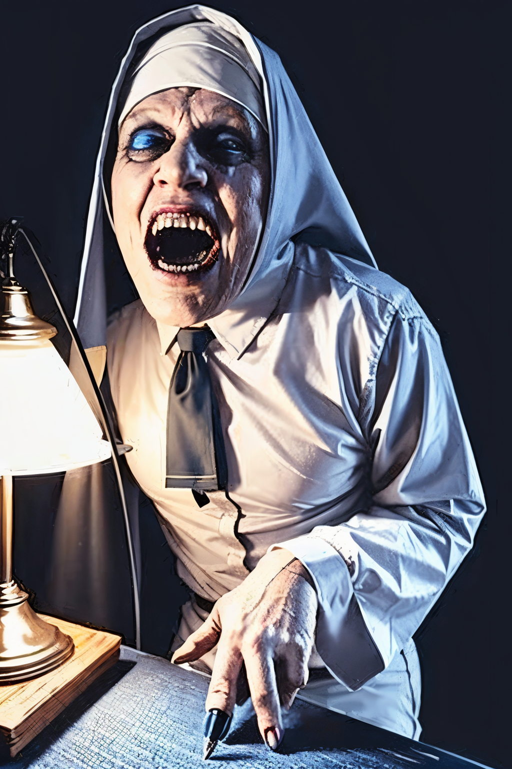 (Realistic:1.5) (masterpiece) (full body portrait)) horror blood on face monster white shirt, colored sclera, nun, fingernails, pen, old, blue theme, lamp, 1boy, grey background, blue background, holding, eye focus, colored sclera, desk lamp, pen,   <lora:EdobHorror_v1.0:0.8>