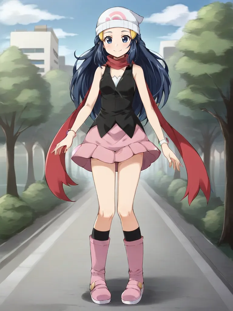 <lora:DPDawnHikariTsukishiroV3:0.7>
1girl, solo, hidawnkari, blue hair, long hair, blue eyes, white headwear, beanie, hair ornament, hairclip, black shirt, sleeveless, red scarf, pink skirt, miniskirt, black kneehighs, pink boots, full body, outdoors, city, trees, smile