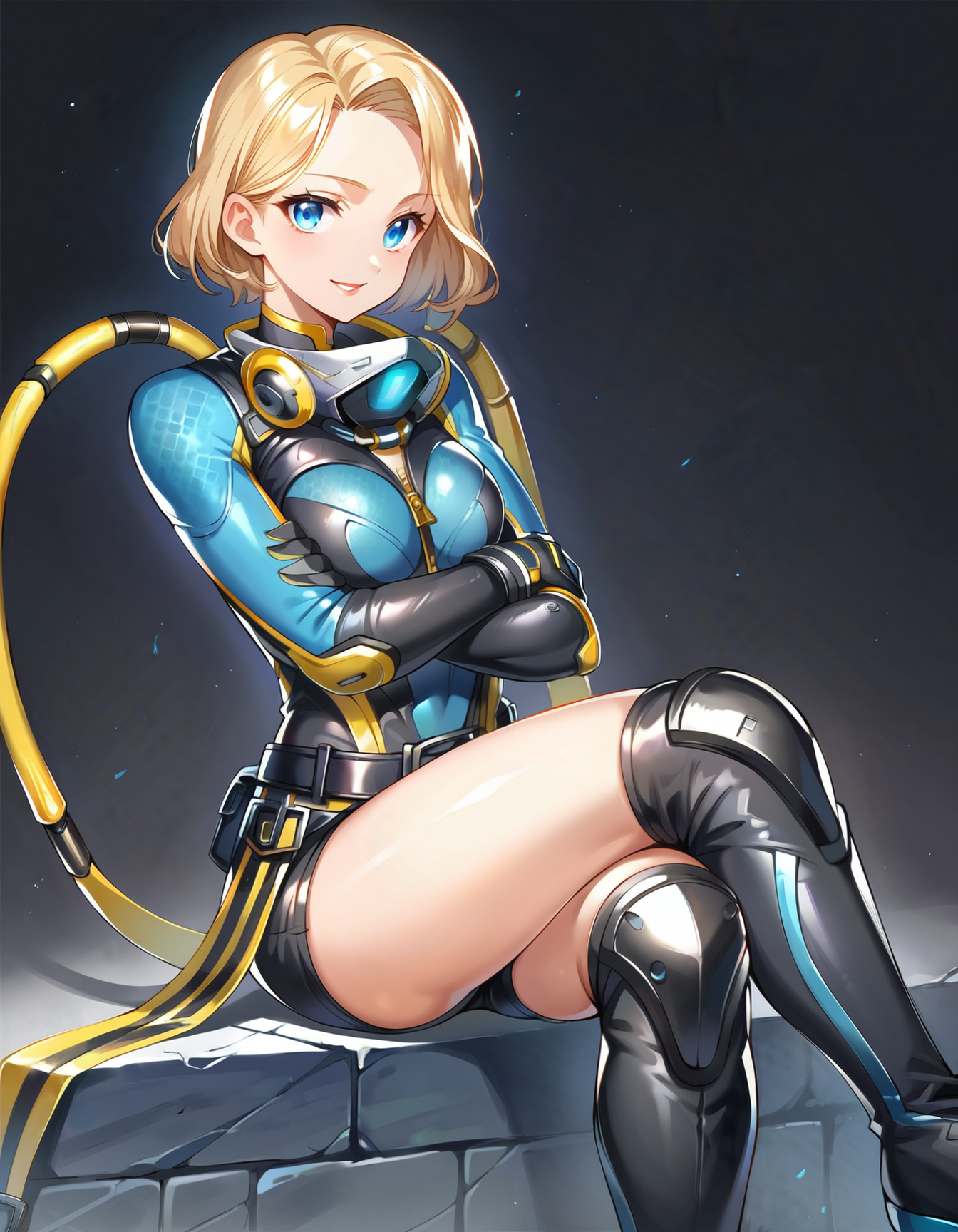 score_9,score_8_up,score_7_up,score_6_up,dark background,1girl,solo,gloves,bodysuit,belt,thigh knee boots,blonde hair,short hair,black shorts,lipstick,blue eyes,medium breasts,thigh pouch,knee pads,looking at viewer,diving suit,smiling,2d,anime,crossed legs,crossed arms,    <lora:MyTrainings\Temp\Catalyst_Stellar_Swimmer_XL_Pony.safetensors:0.8>