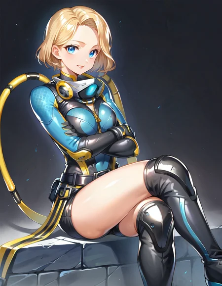 score_9,score_8_up,score_7_up,score_6_up,dark background,1girl,solo,gloves,bodysuit,belt,thigh knee boots,blonde hair,short hair,black shorts,lipstick,blue eyes,medium breasts,thigh pouch,knee pads,looking at viewer,diving suit,smiling,2d,anime,crossed legs,crossed arms, <lora:MyTrainings\Temp\Catalyst_Stellar_Swimmer_XL_Pony.safetensors:0.8>