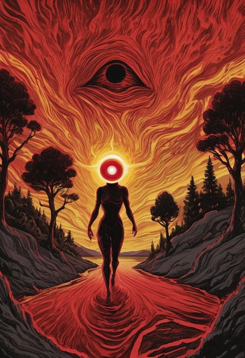 a giant cyclops woman with one glowing eye and planet head chasing a little car in a red, yellow and dark-grey colored landscape with trees and a lake