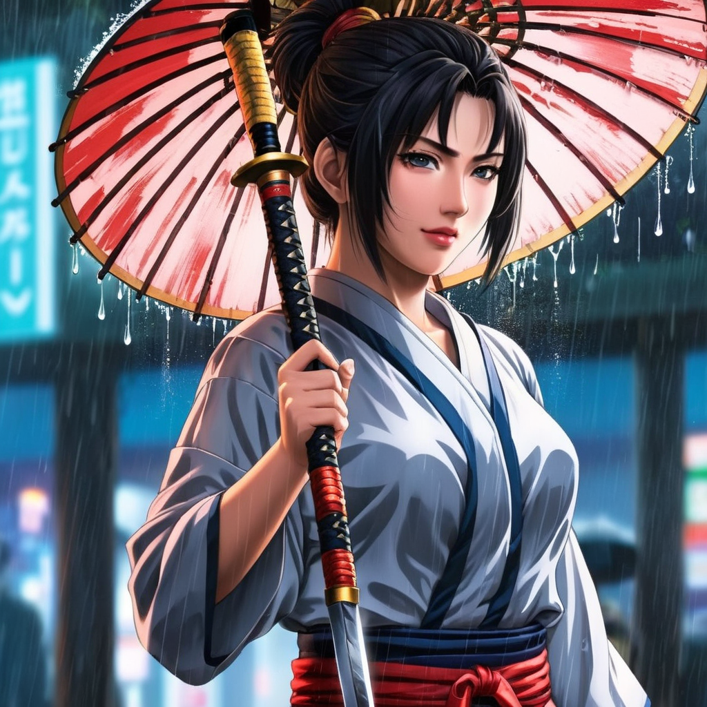 anime artwork of  <lora:anime manga girl style:1.2>
a woman holding a samurai sword in the rain anime manga girl style, anime style, key visual, vibrant, studio anime,  highly detailed