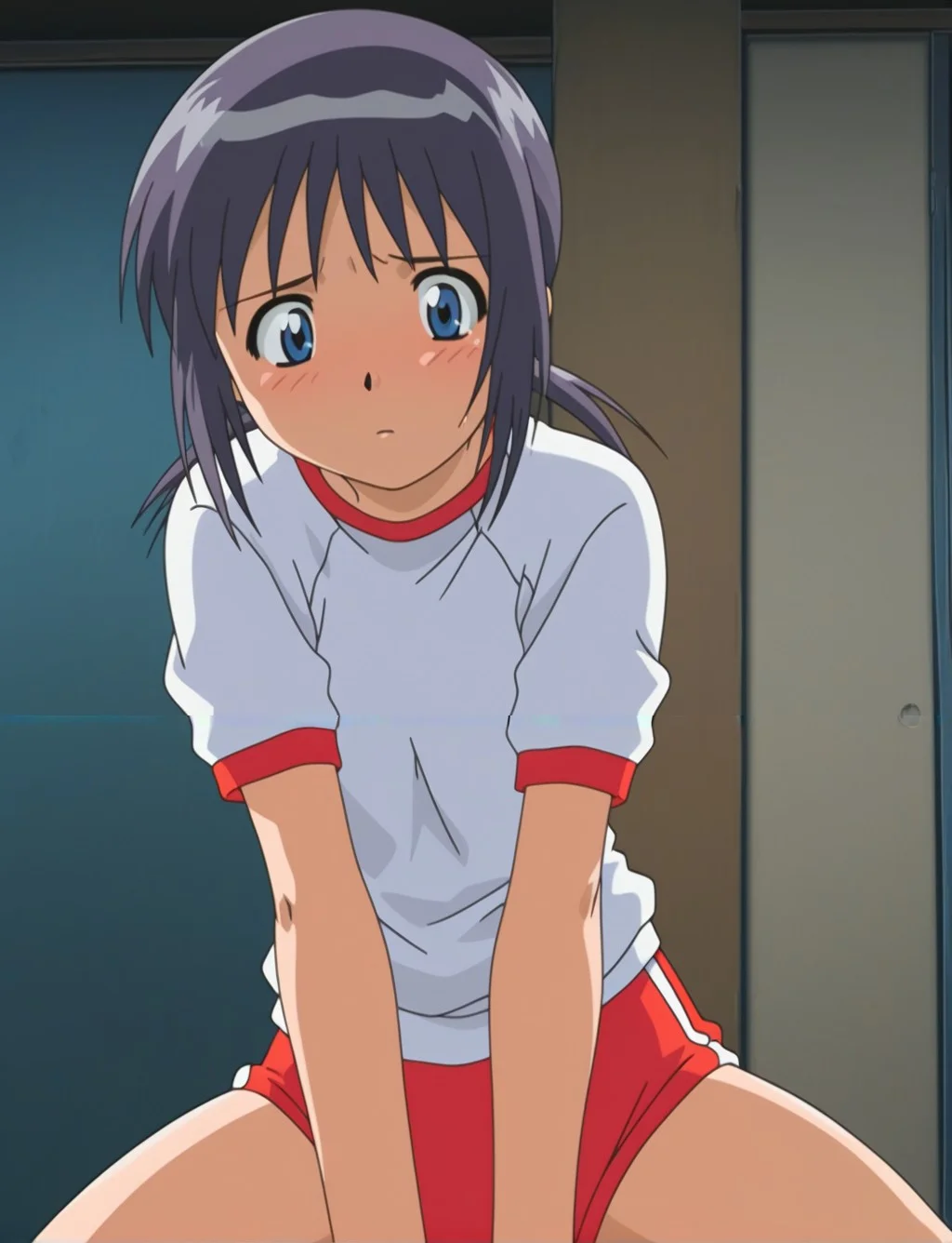masterpiece,best quality,amazing quality,Suzu,<lora:Suzu(Illustrious) from The Invisible Stud_epoch_6:1>,anime screencap,original,anime coloring,dark hair,2000s style,full view,gym_uniform,hot_pants,