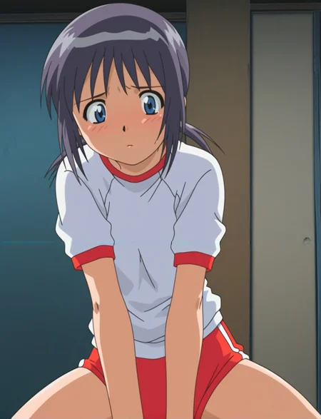 masterpiece,best quality,amazing quality,Suzu,<lora:Suzu(Illustrious) from The Invisible Stud_epoch_6:1>,anime screencap,original,anime coloring,dark hair,2000s style,full view,gym_uniform,hot_pants,