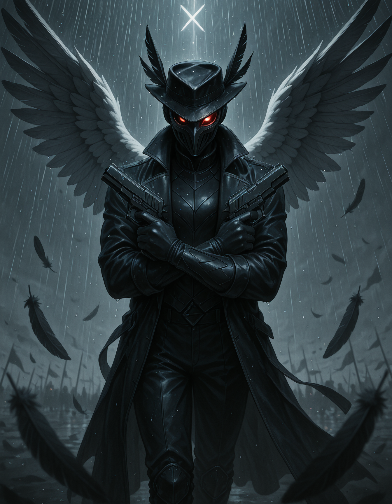 Flatline, Flat vector illustration,,masterpiece, best quality, good quality, very aesthetic, absurdres, newest, 8K, depth of field, focused subject, dynamic angle, A mysterious anime character in a long coat and theatrical mask, standing in the rain with crossed pistols forming an X. One eye glows red through the mask. Doves or feathers fall around them. Very dramatic, hyper-realistic anime noir style.  <lora:XPistolPoseIL:1> x pistol pose