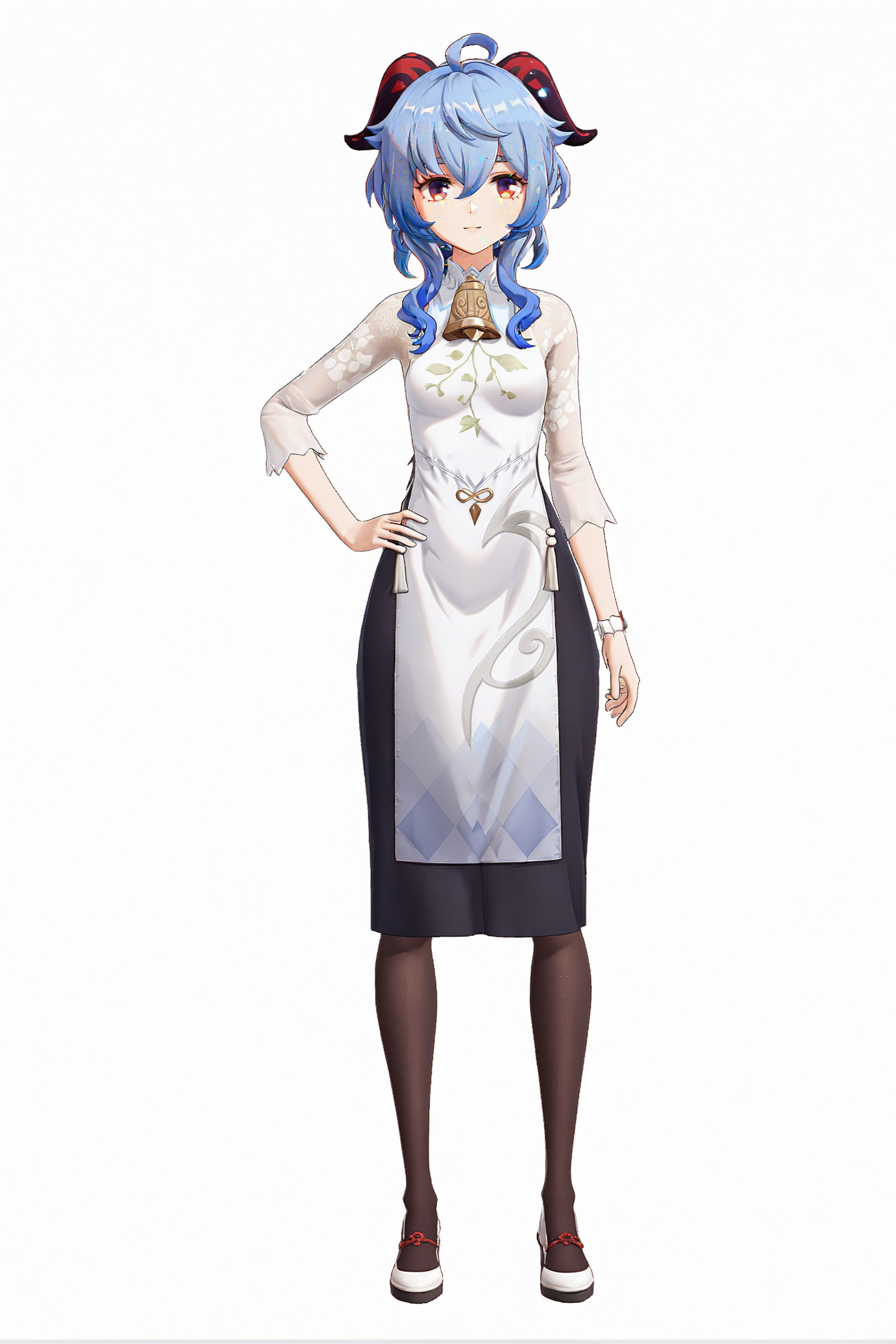 8k, best quality, masterpiece, (ultra-detailed:1.1), (high detailed skin), 
(full body), white background, standing, looking at viewer, (solo), hand on hip, 
<lora:ganshenxian-A3-Tanger-000010:0.8>, ganyu \(genshin impact\), Ganyu's casual clothes, 1girl, horns, ahoge, sidelocks, bangs, blue hair, looking at viewer, purple eyes, 
(beautiful_face), ((intricate_detail)), clear face, 
((finely_detailed)), fine_fabric_emphasis, 
((glossy)), full_shot,