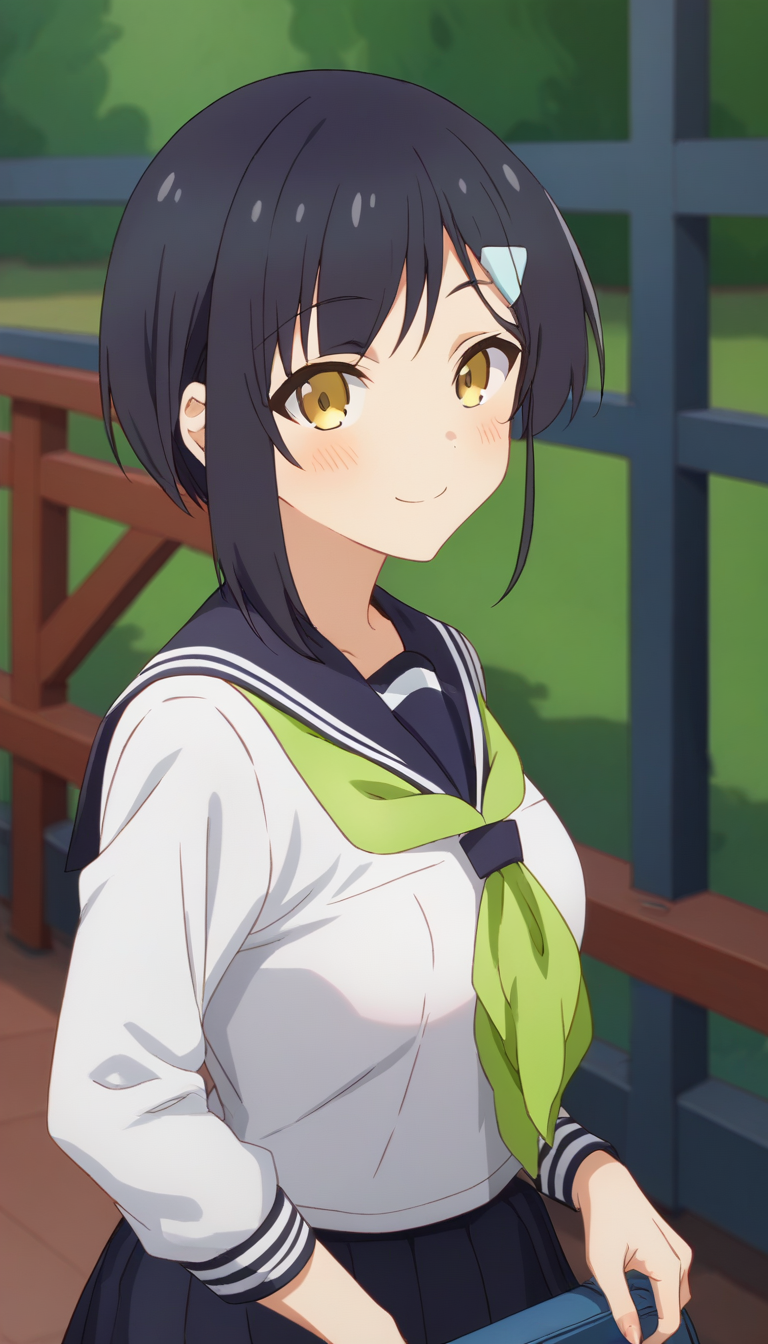 score_9,score_8_up,score_7_up,score_6_up BREAK official art,solo,outdoors,upper body,(portrait:1.5),looking at viewer,facing viewer,smile,blush,Tsubameya Chiharu,black hair,short hair,bob cut,hairclip,bangs,yellow eyes,school uniform,blue sailor collar,green neckerchief,white shirt,long sleeves,medium breasts,blue skirt,pleated skirt,white socks,loafers,brown footwear,<lora:Tsubameya Chiharu(snk)-Pony:1.5>,