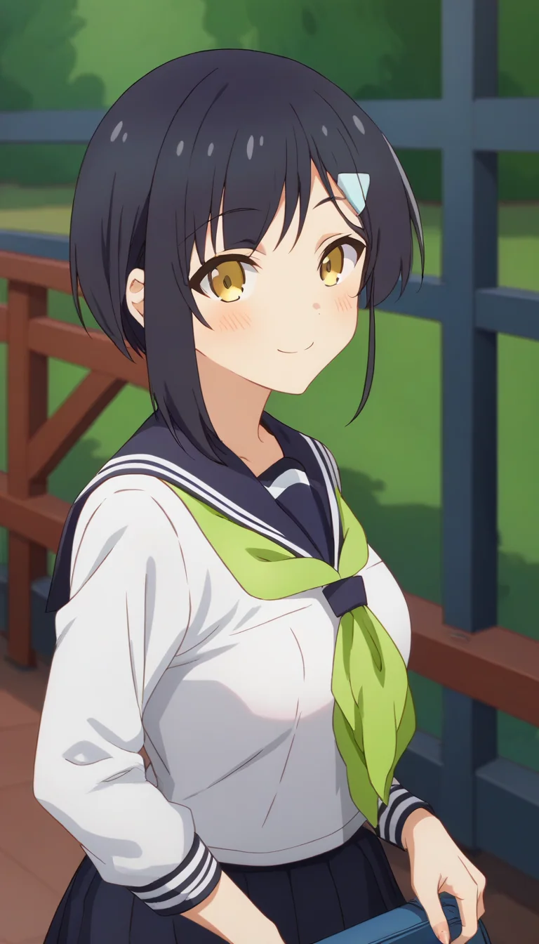 score_9,score_8_up,score_7_up,score_6_up BREAK official art,solo,outdoors,upper body,(portrait:1.5),looking at viewer,facing viewer,smile,blush,Tsubameya Chiharu,black hair,short hair,bob cut,hairclip,bangs,yellow eyes,school uniform,blue sailor collar,green neckerchief,white shirt,long sleeves,medium breasts,blue skirt,pleated skirt,white socks,loafers,brown footwear,<lora:Tsubameya Chiharu(snk)-Pony:1.5>,