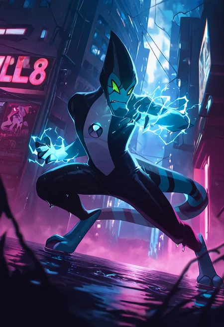 masterpiece, best quality, amazing quality, very aesthetic, absurdres, newest,, detailed background, 
 movie scene, cinematic scene, cinematic, foreground blur, depth of field, 
xlr8, blue skin, green eyes, 1boy, stripped tail, reptile tail, green sclera, pokemon (creature), alien, black chin,
night city, alleyway, missing posters, wet, puddles, dumpster, electricity, blue electricity, fighting stance, close up shot,