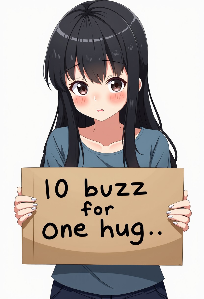 ((masterpiece)), best quality, ultra-detailed, a woman in casual clothing ((holding a cardboard that reads "10 buzz for one hug".)), anime style, 1girl, long black hair, embarrassed, blushing, shy look, looking at the viewer