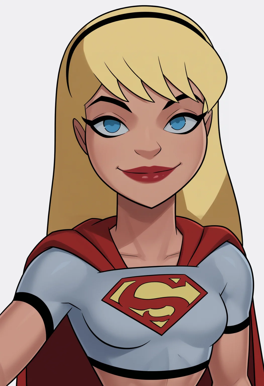 score_9, score_8_up, score_7_up, BREAK
1girl, supergirl, blonde hair, long hair, hairband, blue eyes, makeup, lipstick,
gloves, red cape, blue skirt, white crop top,
upper body, standing, smile, looking at viewer, solo, simple background, white background <lora:SupergirlDCAUXL_byKonan:1>