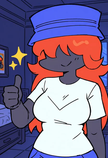 flat color,solo,1girl,be Bop City GF,black skin,red hair,long hair,hair over eyes,breasts,blue headwear, white shirt,blue pants,smile,closed mouth,thumbs up,looking at viewer,upper body portrait,indoors,dark bedroom