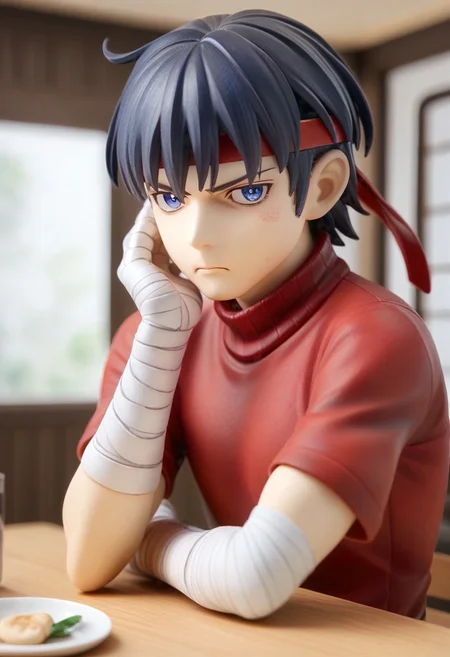 score_9, score_8_up, score_7_up, watercolor (medium),1boy, cestanim, cestvs, red headband, short black hair, bangs, blue eyes, bandaged hands, red turtleneck sweater, white pants, elbow rest, hand on own face, annoyed, looking at viewer, indoors, cafe