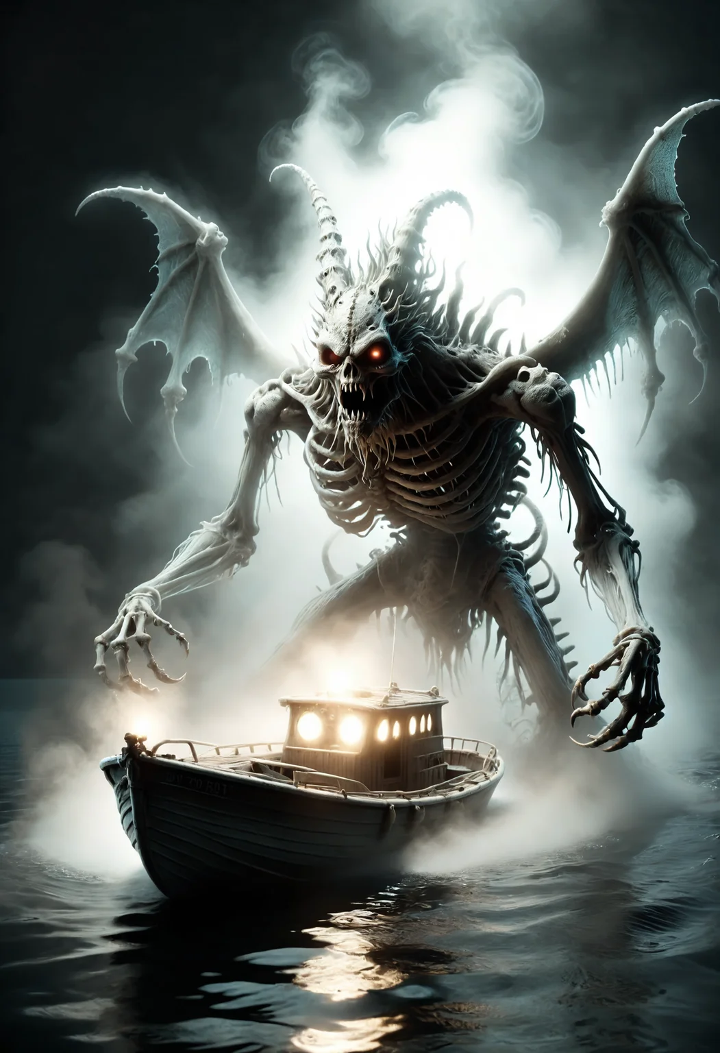 large mist monster with glowing demon eye emerging from the darkness and ectoplasmic mist behind a small boat passing on the cam water, barely visible glowing scales and spikes, ethereal, volumetric lighting
<lora:dvr-bnz:0.8> dvr-bnz