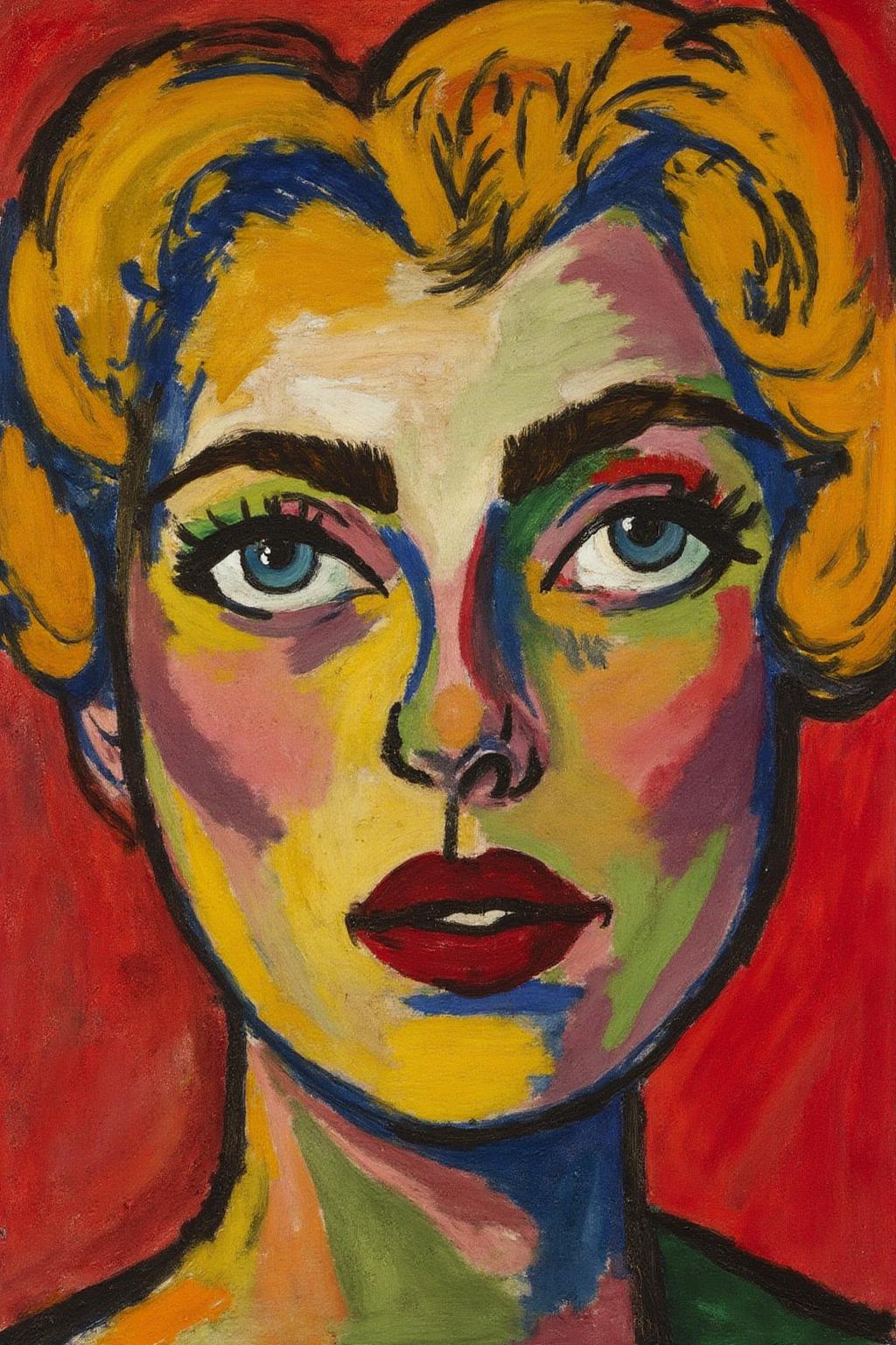 henrylymansayen1 painting.
keesvandongen1. 
A woman's face painted in red and yellow hues. Her eyes are blue with white centers, and her lips are deep red. Her hair is yellow, and her eyebrows are painted in an intricate pattern. The background is bright red. 
 <lora:henrylymansayen1_cap_d6a3:1.0><lora:861474030715155594:0>