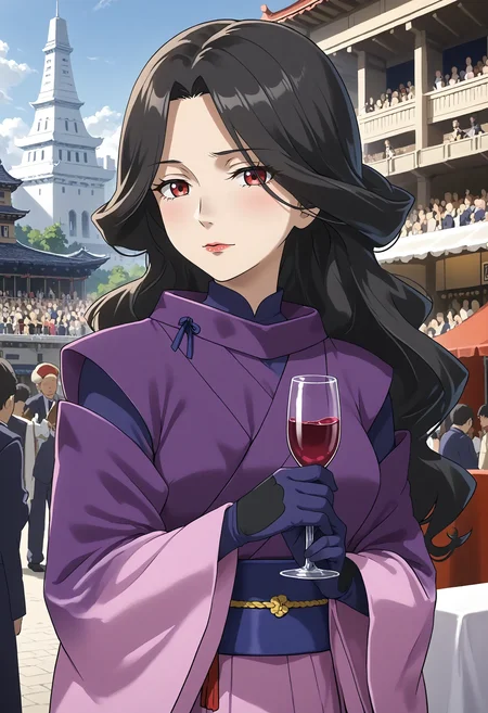 <lora:Hyper-SDXL-8steps-lora:1> <lora:Fixhands_anime_bdsqlsz_V1:1> zPDXL2, score_9, score_8_up, score_7_up, source_anime, intricate details, perfect anatomy BREAK
outdoors, city, tokyo, japan, audience, crowd, upper body,  holding wine glass,  looking at viewer, Skeptical, Raised eyebrows and a slightly pursed mouth., 1girl, solo, solo focus, 
<lora:GAGE-dorene_ezelcant_XL(pony)v10:1> GAGE-dorene, milf, black hair, wavy hair, red eyes, GAGE-dorene outfit, purple kimono, blue obi, black gloves, pink skirt, long gloves, long sleeves, long skirt,