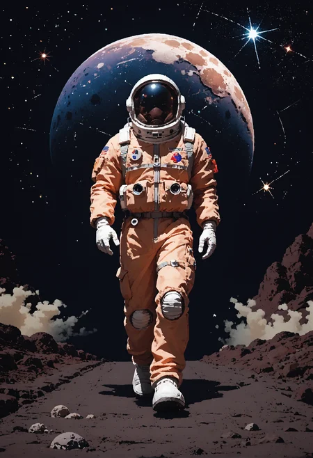 score_9, score_8_up, score_7_up, astronaut, walking on the moon, stars, galaxy, planets, dark background, front view, fog, cowboy shot, <lora:dcr34sed-c0l0ring-20:0.8>, dcr34sed_c0l0ring