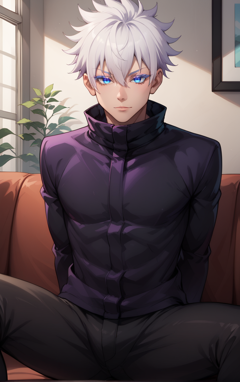 score_9, score_8_up, score_7_up, score_6_up,  solo, looking at viewer, BREAK
NoMaskedWhitehair_GojouSatoru_ownwaifu,
1boy, gojou satoru, male focus, white hair, short hair, bangs, blue eyes, hair between eyes, colored eyelashes, hair over one eye, spiked hair, 
high collar, black jacket, long sleeves, black pants, 
(sitting, spread legs), arms behind back, couch, window shade, indoors, <lora:PONYXL_JujutsuKaisen_GojouSatoru_ownwaifu:0.95> , depth of field 
,