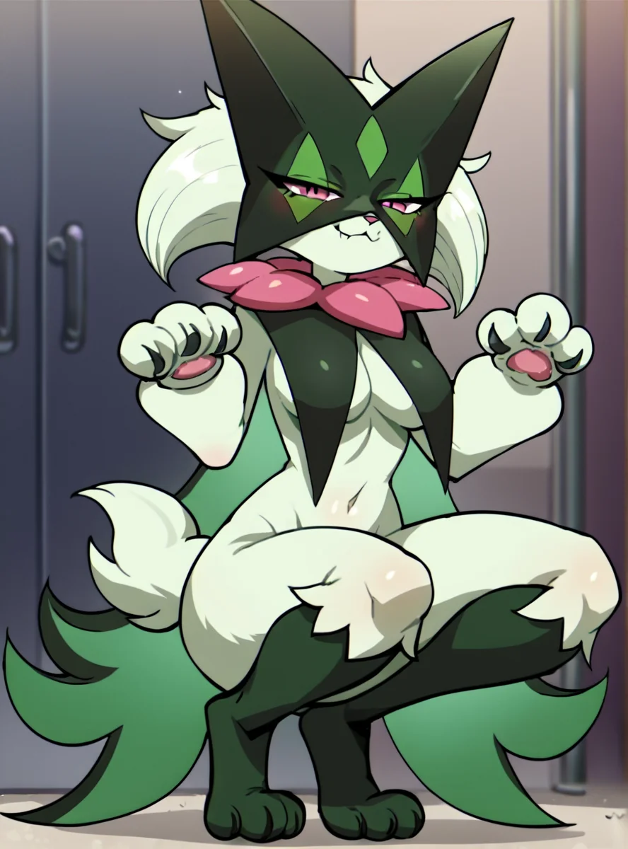 score_9, score_8_up, score_7_up, score_6_up, score_5_up, score_4_up, source_anime anime screencap, <lora:MewoscaradaTest:0.8>meowscaradaxl, mask, pink eyes ,furry female, smirk, squatting, paw_pose, cat paws,