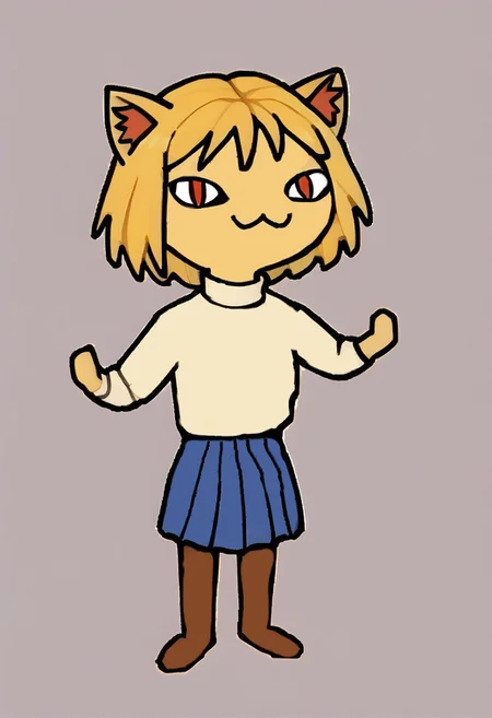 score_9, score_8_up, score_7_up,spider-meme, ,necoarc,blonde hair, red eyes, slit pupils, cat ears, :3, chibi,turtleneck, white shirt, blue skirt, pleated skirt, pantyhose, ,meme, cartoon style, parody, big head, (extended head), hair, blonde hair