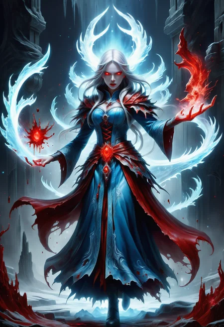 hyper detailed masterpiece, dynamic, awesome quality, a female seer conjuring bloody ice DonMM4g1cXL magic,  <lora:DonMM4g1cXL-000008:0.8>