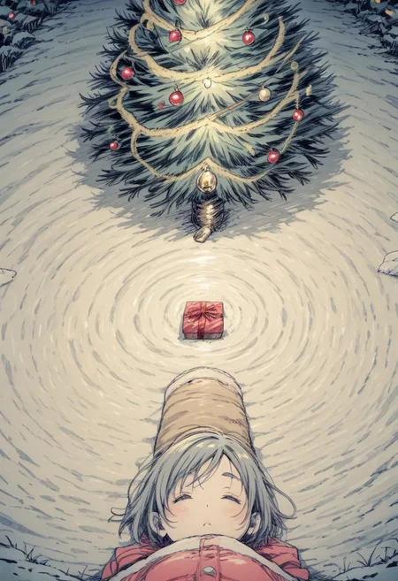 bill_watterson_style, aoki_ume_style, linear_hatching, spot_color, watercolor_pencil_medium, perfect perspective, animal christmas,
wolf close-up, sleeping, outdoors, christmas tree, christmas present, 
masterpiece, absurdres, Kimidake
