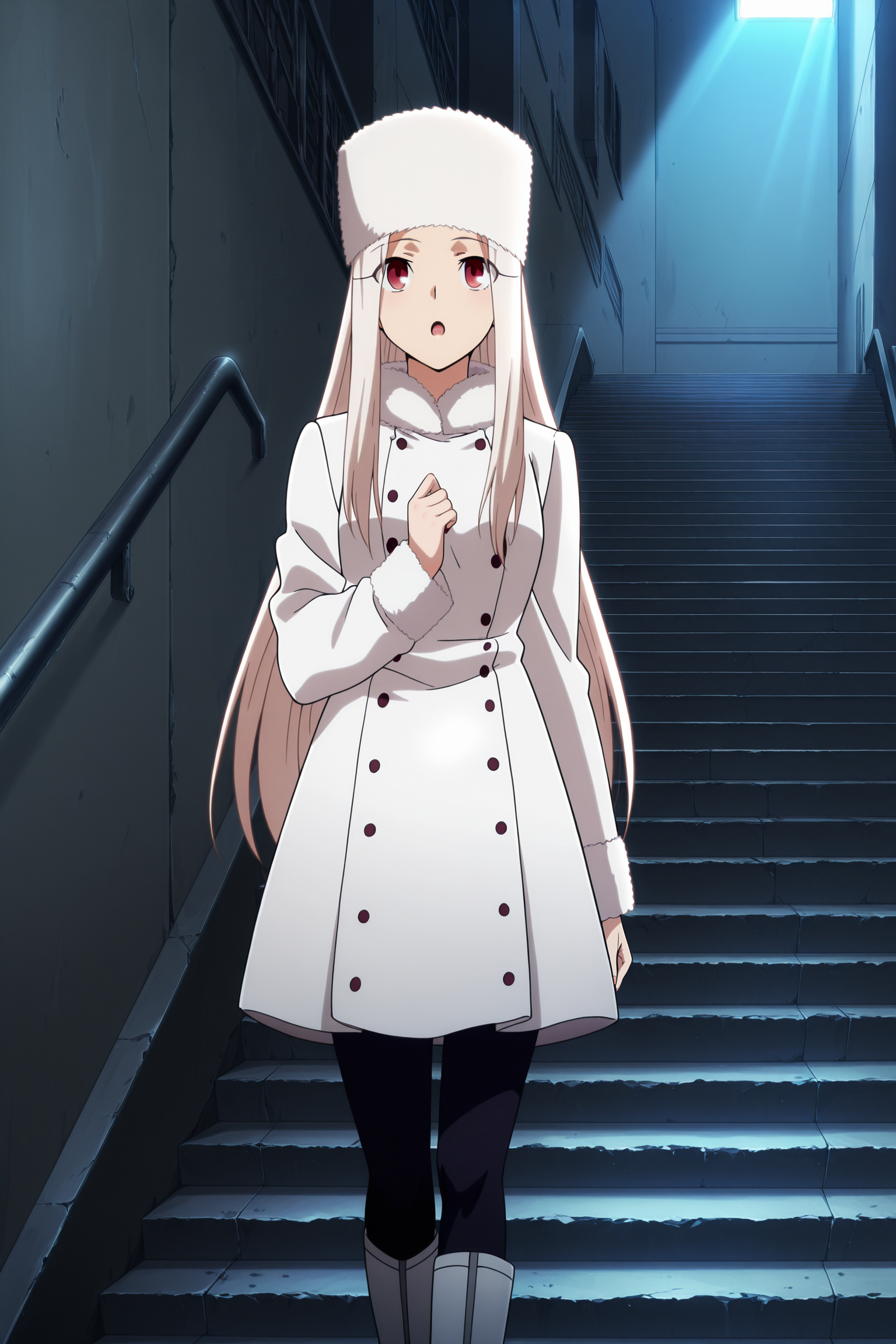 anime screencap, anime coloring, detailed face, masterpiece, best quality, very aesthetic, absurdres, volumetric lighting, official style, amazing quality, ultra detailed, highres, amazing quality, scenery, beautiful detailed hair, beautiful detailed eyes,
<lora:StS-Illustrious-Detail-Slider-v1.0:4>
 <lora:Irisviel_von_Einzbern_FateZero_-_Illustrious_V2:1>
Irisviel von Einzberg (character), 1girl, solo, stairs, irisviel von einzbern, long hair, hat, coat, red eyes, white hair, fur hat, white coat, white headwear, boots, long sleeves, pantyhose, :O