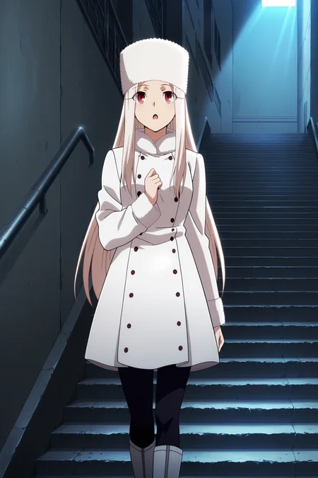 anime screencap, anime coloring, detailed face, masterpiece, best quality, very aesthetic, absurdres, volumetric lighting, official style, amazing quality, ultra detailed, highres, amazing quality, scenery, beautiful detailed hair, beautiful detailed eyes,
<lora:StS-Illustrious-Detail-Slider-v1.0:4>
<lora:Irisviel_von_Einzbern_FateZero_-_Illustrious_V2:1>
Irisviel von Einzberg (character), 1girl, solo, stairs, irisviel von einzbern, long hair, hat, coat, red eyes, white hair, fur hat, white coat, white headwear, boots, long sleeves, pantyhose, :O