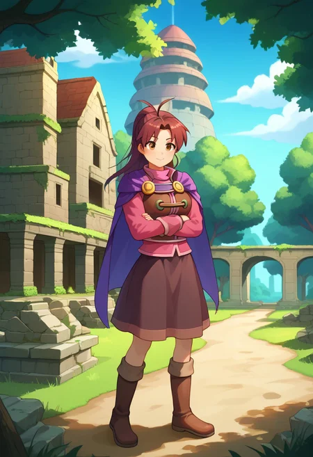 score_8, score_8_up, score_7_up, score_6_up, anime BREAK, 1girl, solo, female focus, gsJenna, brown hair, ponytail, antenna hair, purple cape, vest, pink shirt, long sleeves, brown skirt, boots, full body, BREAK Angkol_ruins, outdoors, tree, overgrown, moss, building, blue sky