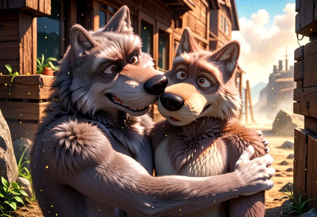 score_8, score_7, score_9_up, BodiPhantom, masterpiece, high quality, detailed, best quality, detailed background, detailed character, detailed character details, detailed face, detailed muzzle, dust, particles, practices, fluffy wool, fluffy fur, high quality, very high rendering, smooth lines, 4k, 8k, 16k, huge resolution, a lot of details, detailed fur, high budget, cinemascope, epic, gorgeous, film grain, grainy, high quality, detailed, high resolution, high quality, high resolution, furry character, 3DMM, 2boys, 2 boys,
first character: "bybodird008, cartoon_style, source_cartoon, gray wolf, wolf, fluffy wolf, shaggy, (hybrid), boy, furry, furry_male, anthro, stupid wolf1, (He's taller and thicker, and his eyes are wide open, which adds to his innocence)";
second character: "bybodird008, cartoon_style, source_cartoon, gray wolf, wolf, fluffy wolf, shaggy, (hybrid), boy, furry, furry_male, anthro, cunning wolf2, (He is thin, with a large head and narrowed eyes)";
BREAK
source_furry, adult, anthro, (((muscular))), 2 wolf,
two wolves, two detailed characters, hugging, gay,
realistic, different wolves, different faces, detailed face, gray wolfs
