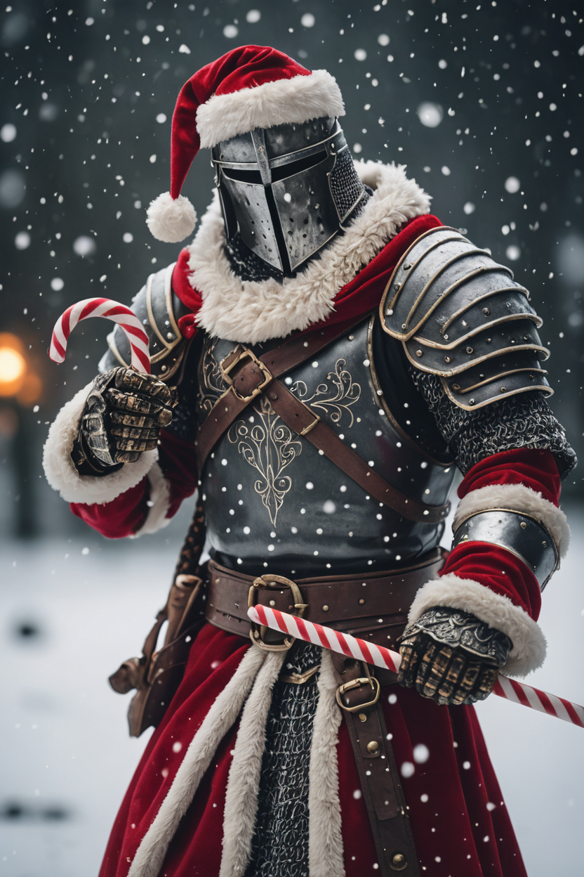 cinematic photo dark souls warrior with (santa costume:1.2),holding candy cane,snowing . 35mm photograph, film, bokeh, professional, 4k, highly detailed