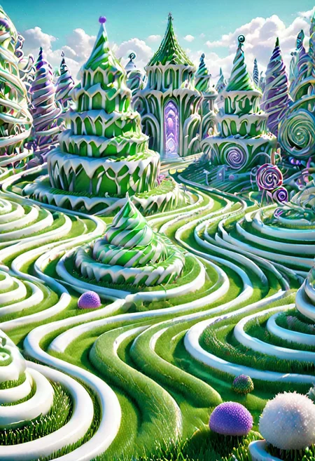 castle , A traveler contemplates a gigantic labyrinth made up of dozens of white, grass, medical towers. Candy labyrinth , evil villain
