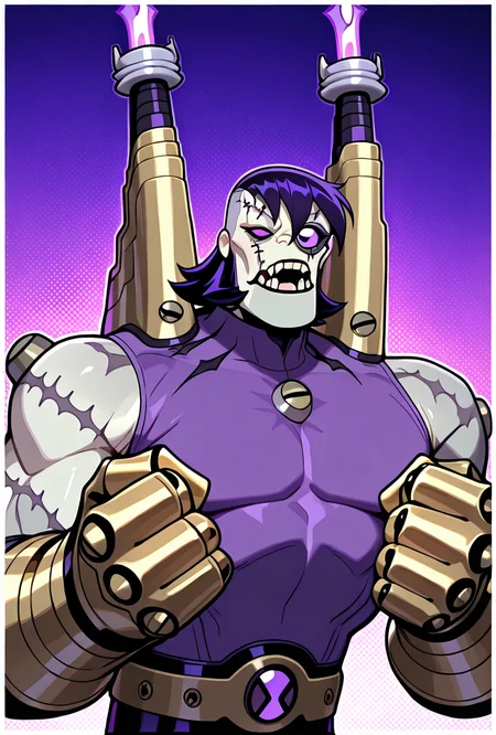 <lora:frankenstrike-10:1> frankenstrike, solo, , colored skin, muscular, 1boy, scar,purple shirt, sleeveless, big monocle, military haircut, turtle neck, golden collar, ripped sleeves, massive gauntlets, massive hands, golden gauntlets, golden gloves, golden belt, short hair, buzzcut, stitches,, underbite jaw, bolts, nuts, screws, bolts on body, dynamic pose, purple eyes , big mouth, standing, closed fist, villain pose,, masterpiece, best quality, amazing quality, very aesthetic, absurdres, newest,, upper body, halftone effect, white borders, abstract background:1.2,