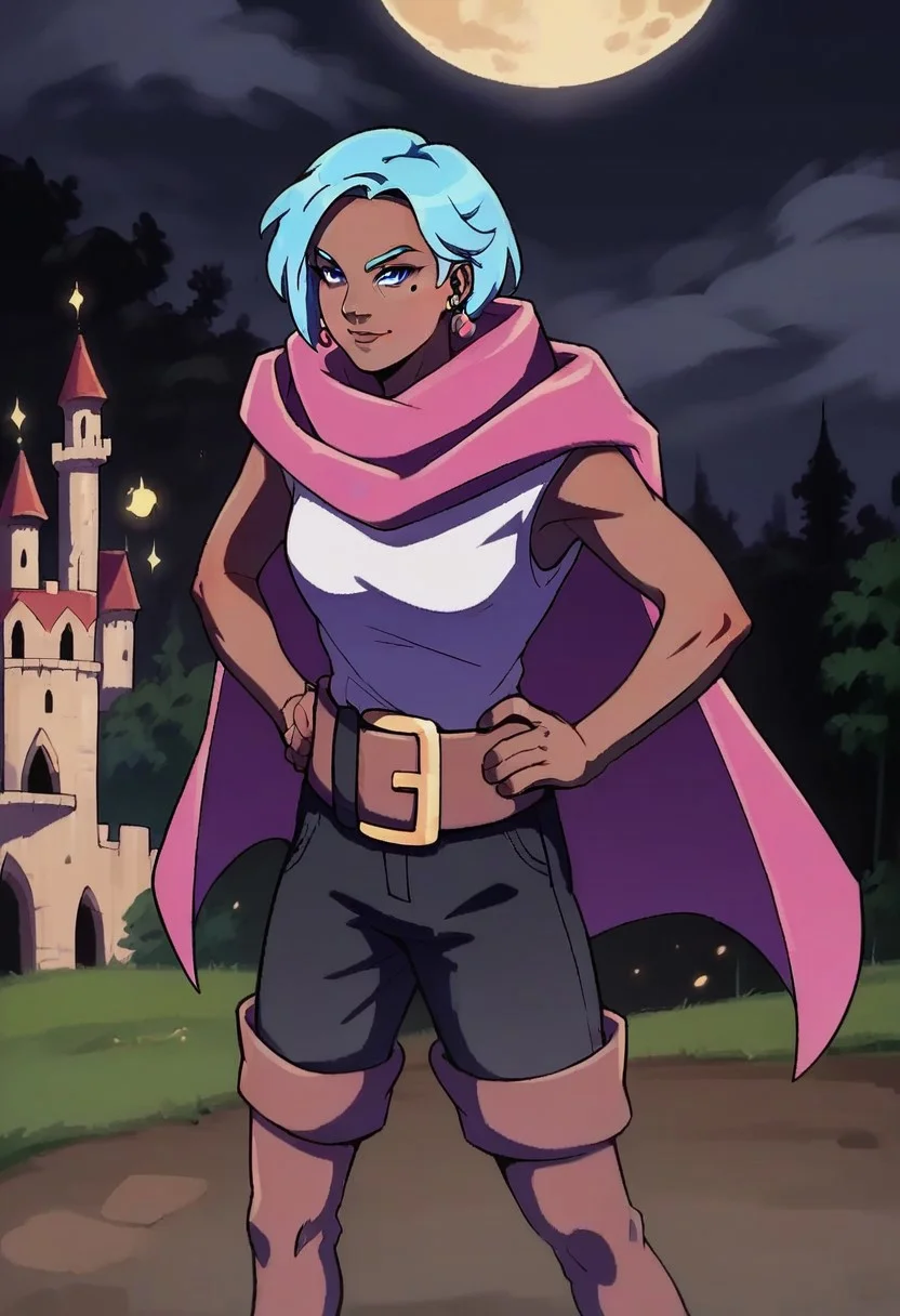 score_9_up, score_8_up, score_7_up, score_6_up, 1girl, solo, Zi'Assunta_Belpaese, earrings, blue hair, short hair, dark-skinned female, blue eyes, mole under eye, pink cape, white shirt, bare arms, belt, black trousers, brown thigh boots, standing proudly, hands on hips, outside castle, outdoors, night, full moon, proud smile, (fantasy art, painted art, realistic)