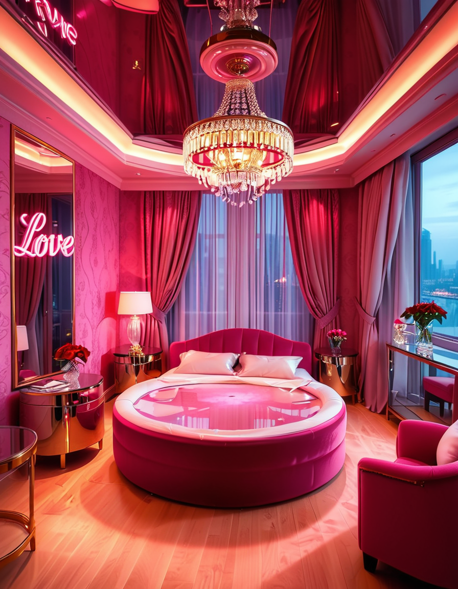 A luxurious, stylish love hotel room,love hotel r00m with a romantic and intimate atmosphere. The room features a large, round king-sized bed with silky red and black sheets, surrounded by soft, ambient lighting. Neon pink and purple LED lights illuminate the walls, creating a sensual glow. A plush velvet sofa sits near the bed, with a glass-topped coffee table holding champagne glasses and a chilled bottle of champagne. The ceiling has a large mirror, reflecting the entire room. On one side, thereâs a floor-to-ceiling window with sheer curtains, showing the night cityscape in the background. A modern jacuzzi tub with rose petals floating on the water is visible in the corner, surrounded by candles. The room has a sleek, modern design with a touch of opulence, including gold accents on the furniture and warm wooden floors. The lighting is dim and moody, emphasizing the romantic ambiance.
<lora:SDXLFaeTastic2400:0.4> <lora:extremely_detailed:0.4> extremely detailed, <lora:love_hotel_r00m:1>, Masterpiece,best quality,hi res,8k,hi res,8k,award winning,(sharp focus, intricate, highly detailed),