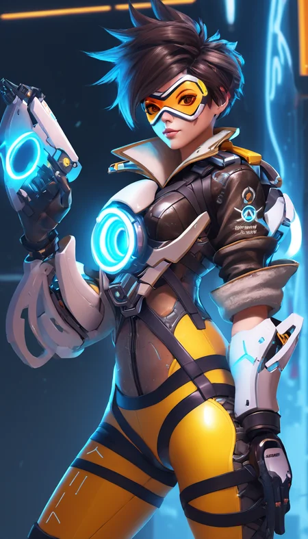 Tracer, Overwatch, (reimagined in a cyberpunk universe), (cyberpunk style), (cyberpunk), (cyberpunk outfit), (punk hair), augmentation, cybernetics, glowing neon lights, cinematic scene, hero view, action pose, masterpiece, best quality, high quality, absurdres, vivid <lora:tracer_xl_v1:1>, detailed skin texture, (blush:0.5), (goosebumps:0.5), subsurface scattering
