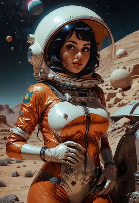epiCRealism Fallout Art, (a realistic photo in the retro art style), a retro-futuristic playboy portrait pose of a curvy busty petite and playful pin-up wearing a sexy Iran military cosmonaut cosmos suit, perfect tight shaped cameltoe, floating within an alien planet, with perfect cleavage, showing breasts, realistic color shading, amazing shadow depth, extremely detailed twin moons, perky nipples, <lora:retro_XL_2:0.8>
