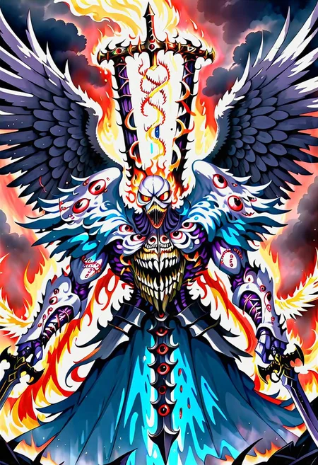 a fleshmutant angel covered in eyes and mouths and holding a flaming sword descends from the heavens,anime style,majestic,epic